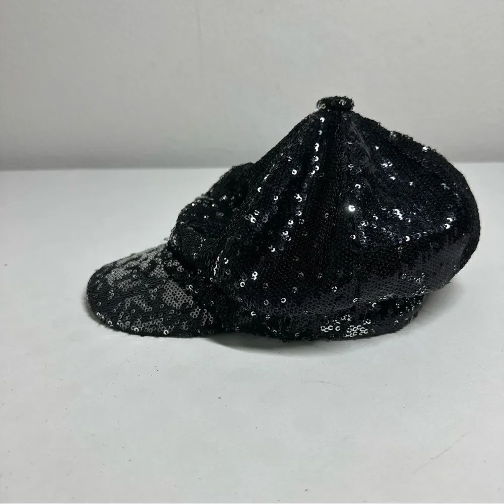 Justice Sequin Black Cadet Style Cap One Size Black Silver Elastic Back